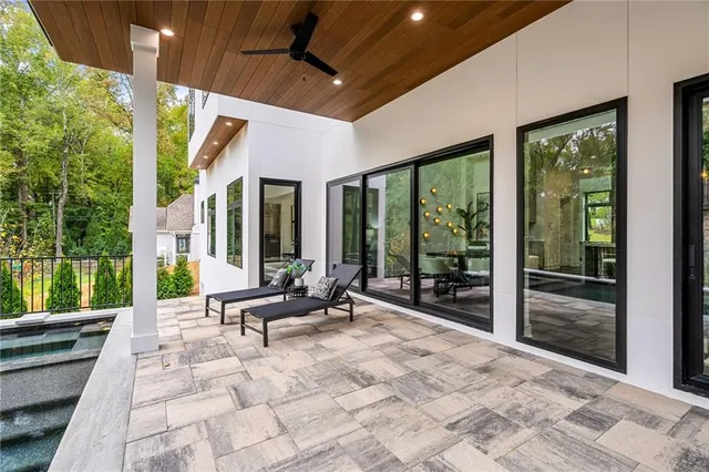 a building outdoor space with seating space