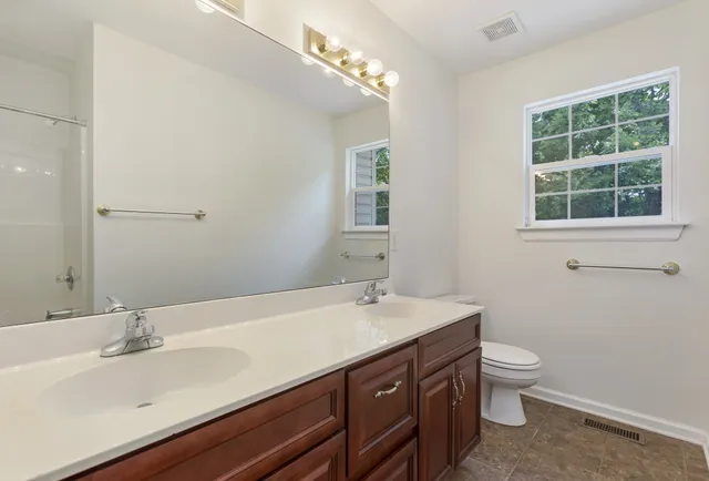a bathroom with a sink a toilet and a mirror