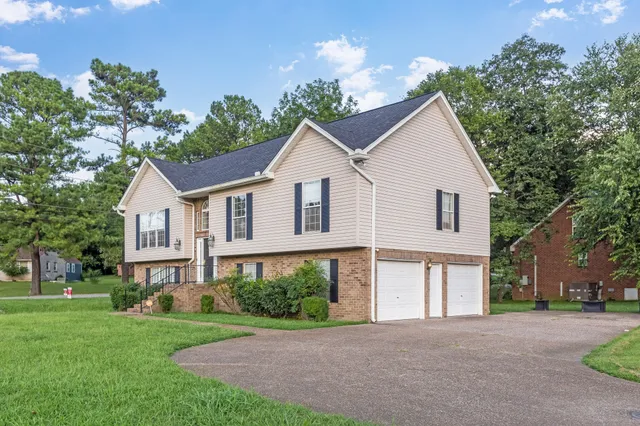 a view of a yard in front of a house with plants and large trees
