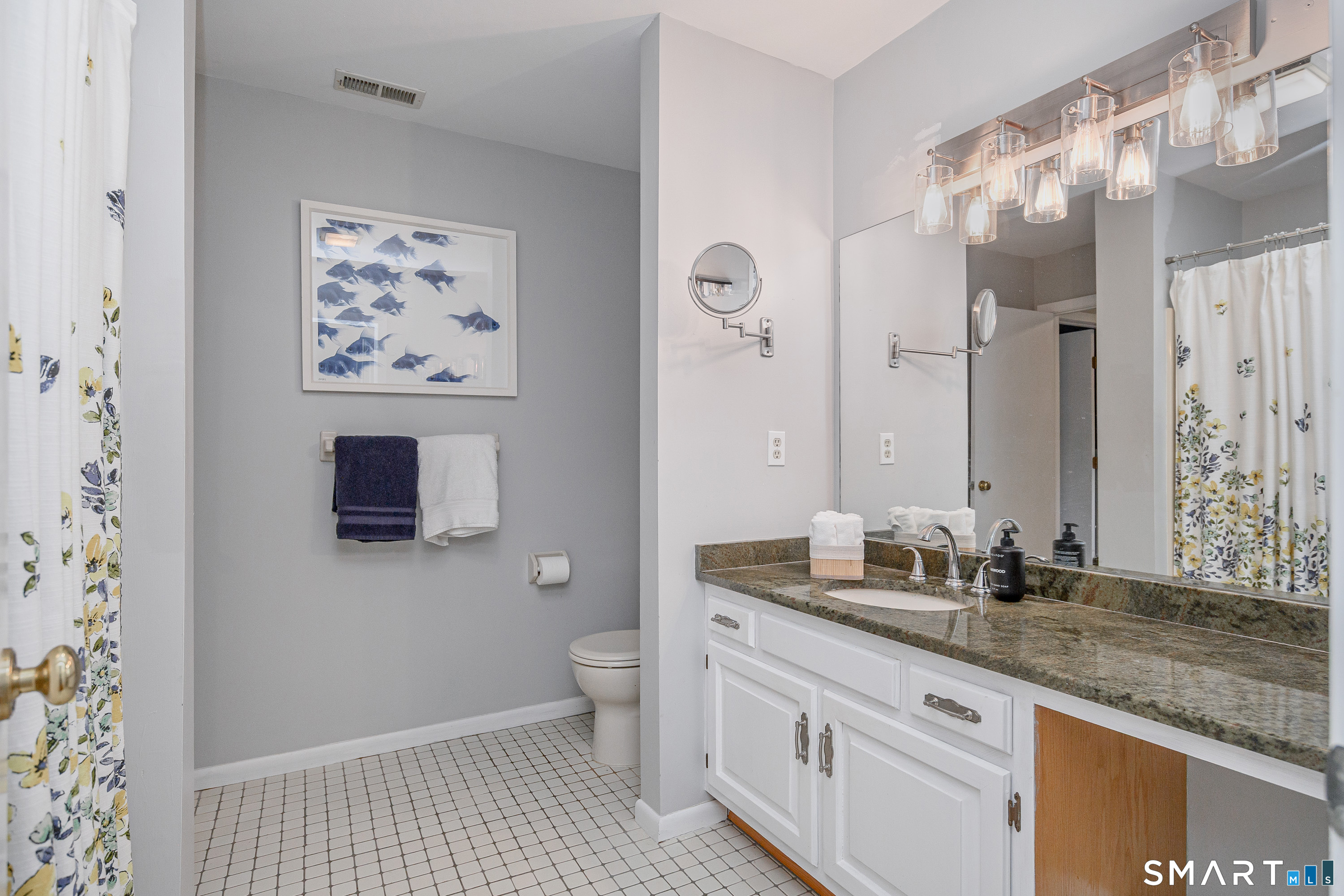 6 Echowoods Circle, Unit 6 Monroe, CT 06468 - Photo 17 of 25 a bathroom with a granite countertop double vanity sink mirror and shower