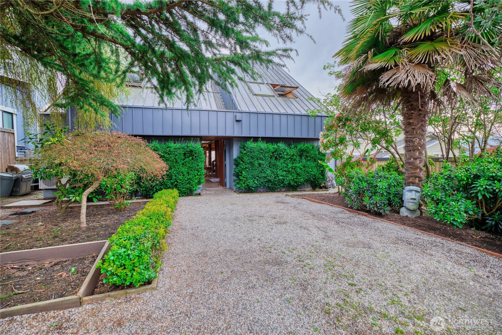 a view of a backyard with potted plants and large tree