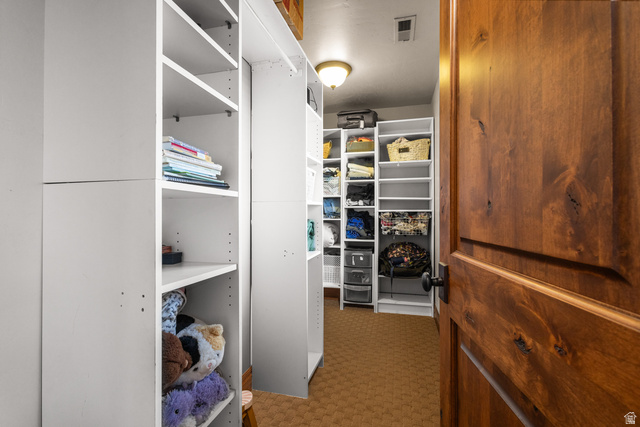 892 Cambridge Drive St. George, UT 84770 - Photo 41 of 65 Walk-in closet featuring extensive white built-in shelving, patterned carpeting, a wood-finish door with dark hardware, and an overhead flush-mount light fixture