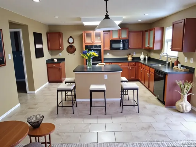 a kitchen with stainless steel appliances granite countertop a sink a stove a refrigerator cabinets and chairs