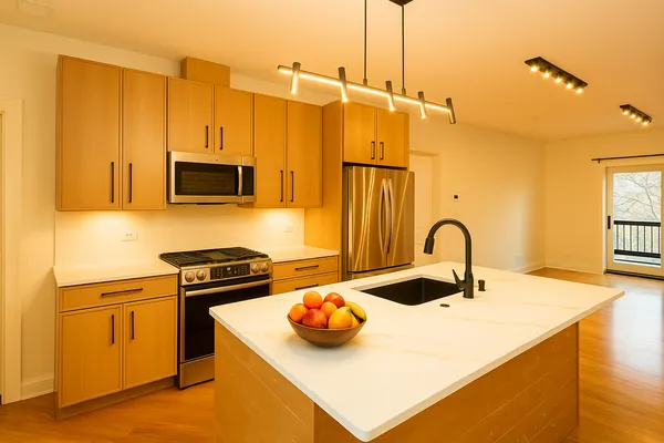 a kitchen with stainless steel appliances a stove a sink and a refrigerator