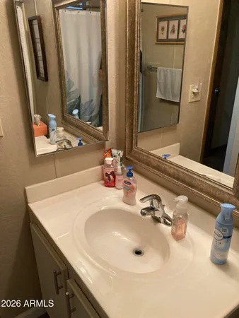 a bathroom with a sink and a mirror