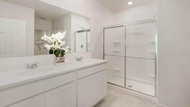 a bathroom with a shower sink and mirror