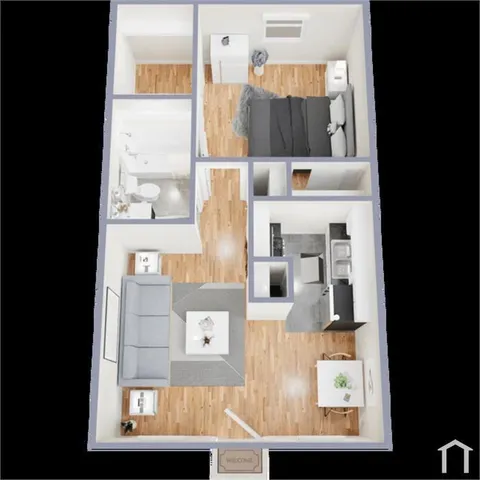 a kitchen with cabinets and window