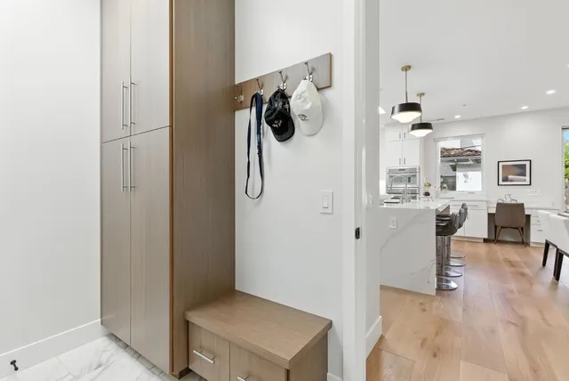 a view of a living room and bathroom