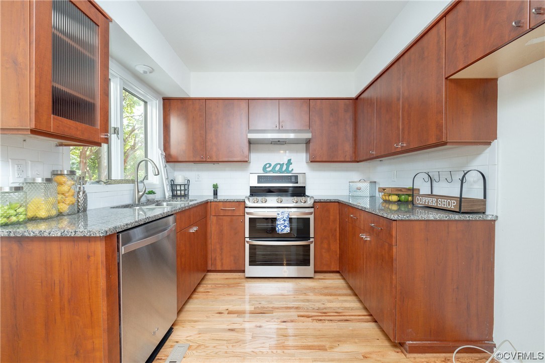 1701 Quail Covey Road Henrico, VA 23238 - Photo 14 of 45 a kitchen with stainless steel appliances granite countertop a stove top oven a sink dishwasher and cabinets