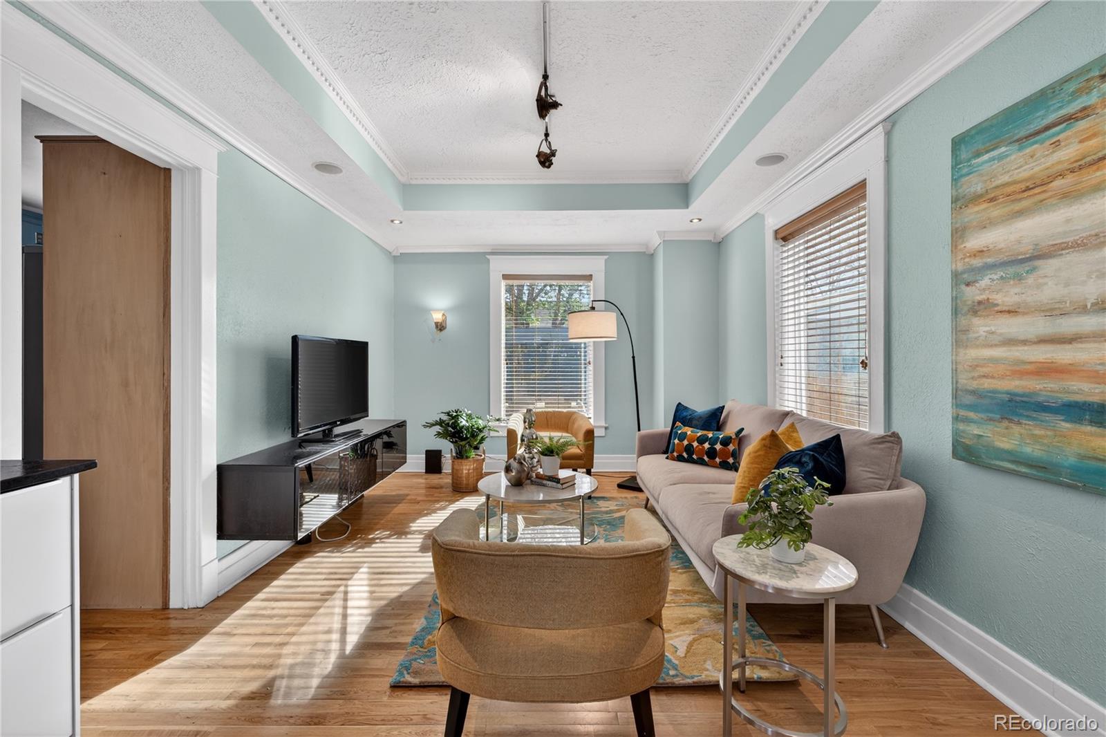 3056 York Street Denver, CO 80205 - Photo 9 of 44 a living room with fireplace furniture and a flat screen tv
