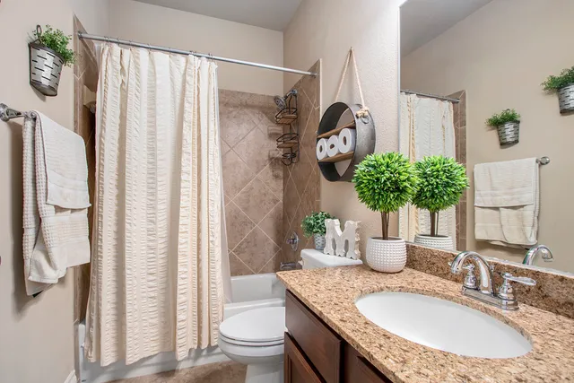 a bathroom with a granite countertop sink a toilet and a shower curtain