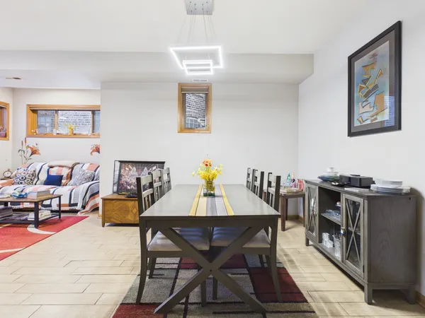 a view of a dining room with furniture