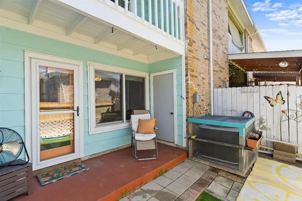 a building outdoor space with patio furniture