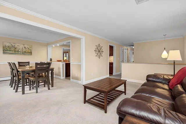 a living room with furniture and a dining table with kitchen view