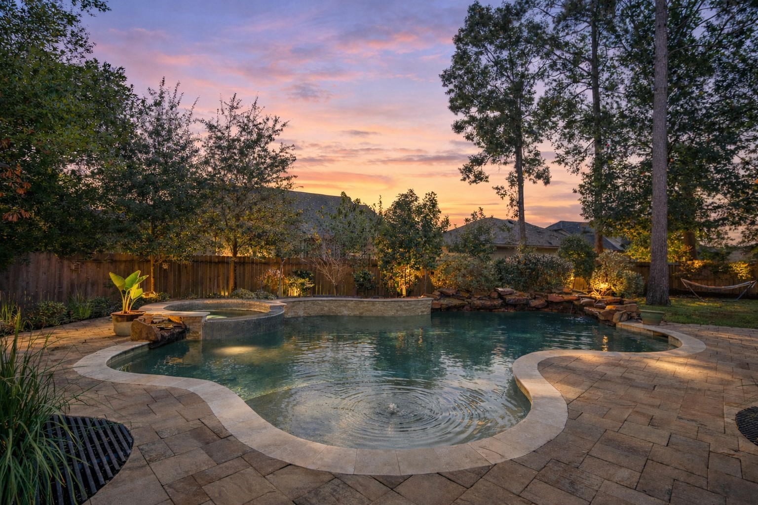 3710 Snowden Point Lane Spring, TX 77386 - Photo 3 of 50 This photo showcases a beautifully landscaped backyard featuring a glowing pool and spa, surrounded by lush trees and a stone patio. The serene setting is the perfect place to call home!