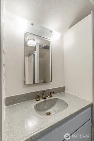 a bathroom with a sink and a mirror