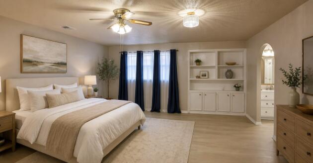 5722 75th Street Lubbock, TX 79424 - Photo 12 of 29 a spacious bedroom with a bed and a chandelier