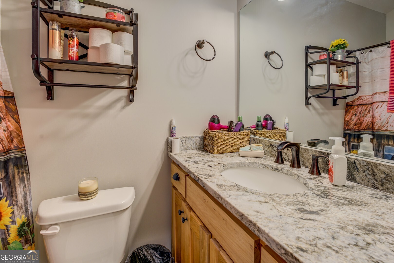 4348 Marshall Stewart Road Southwest Crawfordville, GA 30631 - Photo 63 of 120 a bathroom with a granite countertop sink a toilet and a shower curtain