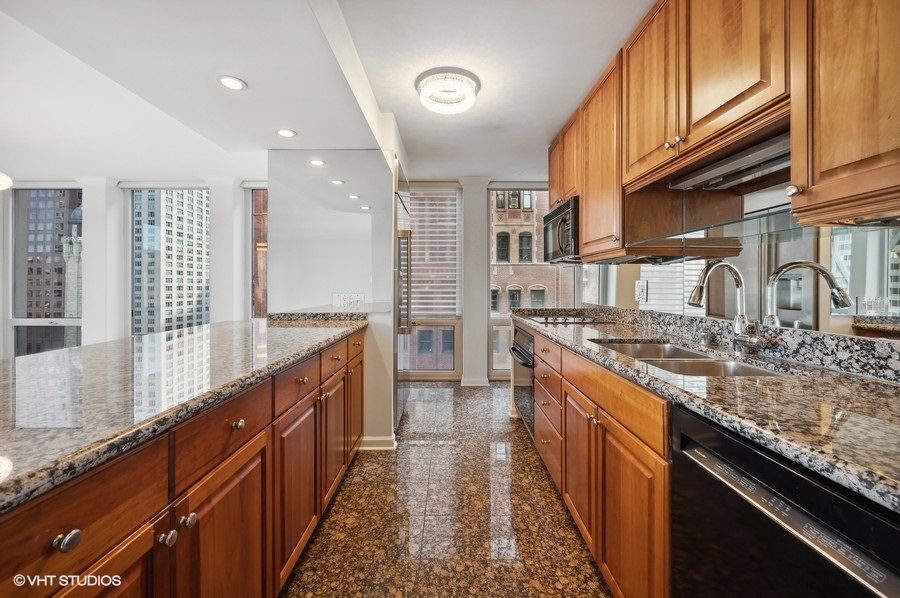 111 East Chestnut Street, Unit 14K Chicago, IL 60611 - Photo 14 of 20 a large kitchen with stainless steel appliances granite countertop a lot of counter space and a sink