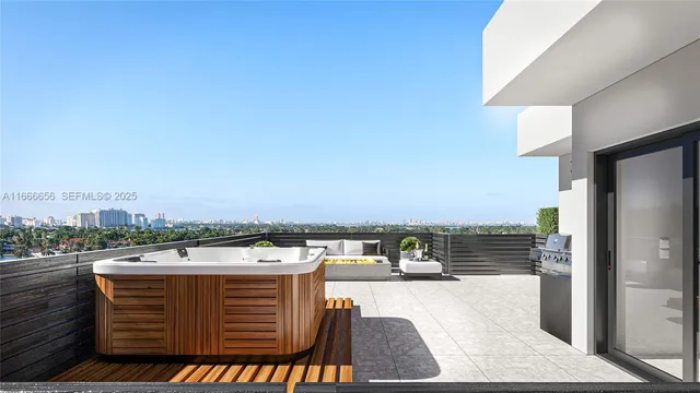 a outdoor space with seating area and city view