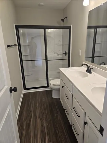 a bathroom with a sink toilet vanity and shower