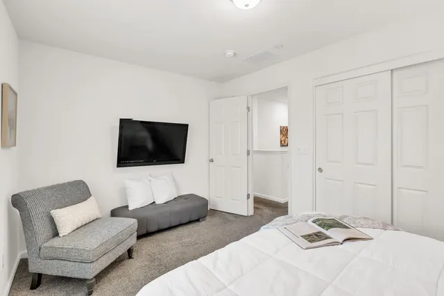 a bedroom with a couch and a flat screen tv