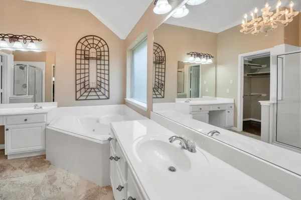 a bathroom with a bathtub a sink and a large mirror