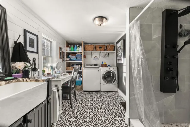 a view of a kitchen and utility area