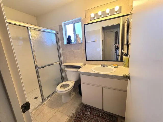 a bathroom with a sink a toilet a mirror and shower