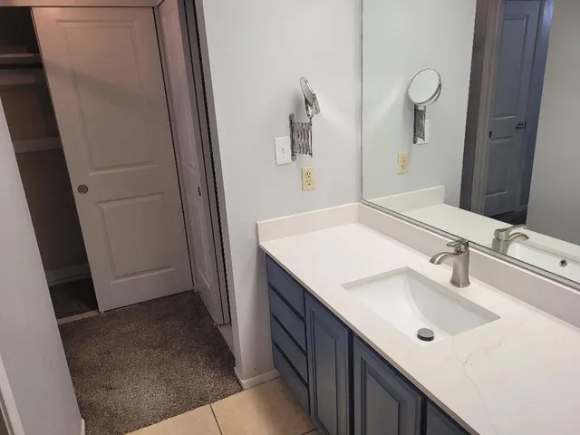 a bathroom with a sink a mirror and a shower