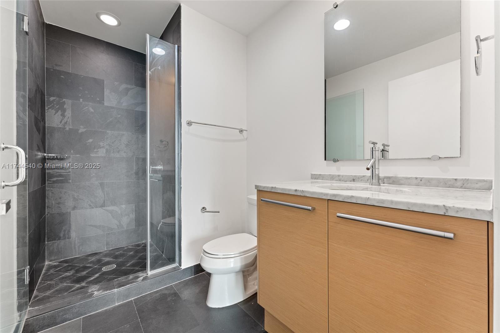 900 Biscayne Boulevard, Unit 4708 Miami, FL 33132 - Photo 19 of 39 a bathroom with a granite countertop sink toilet and shower