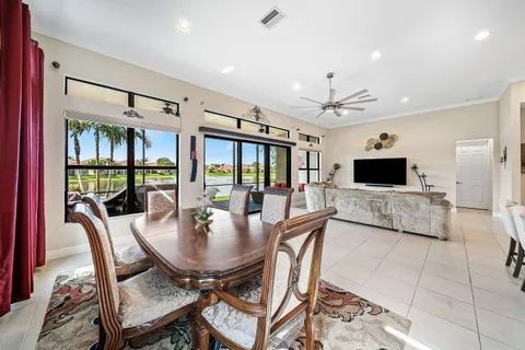 a view of a dining room with furniture