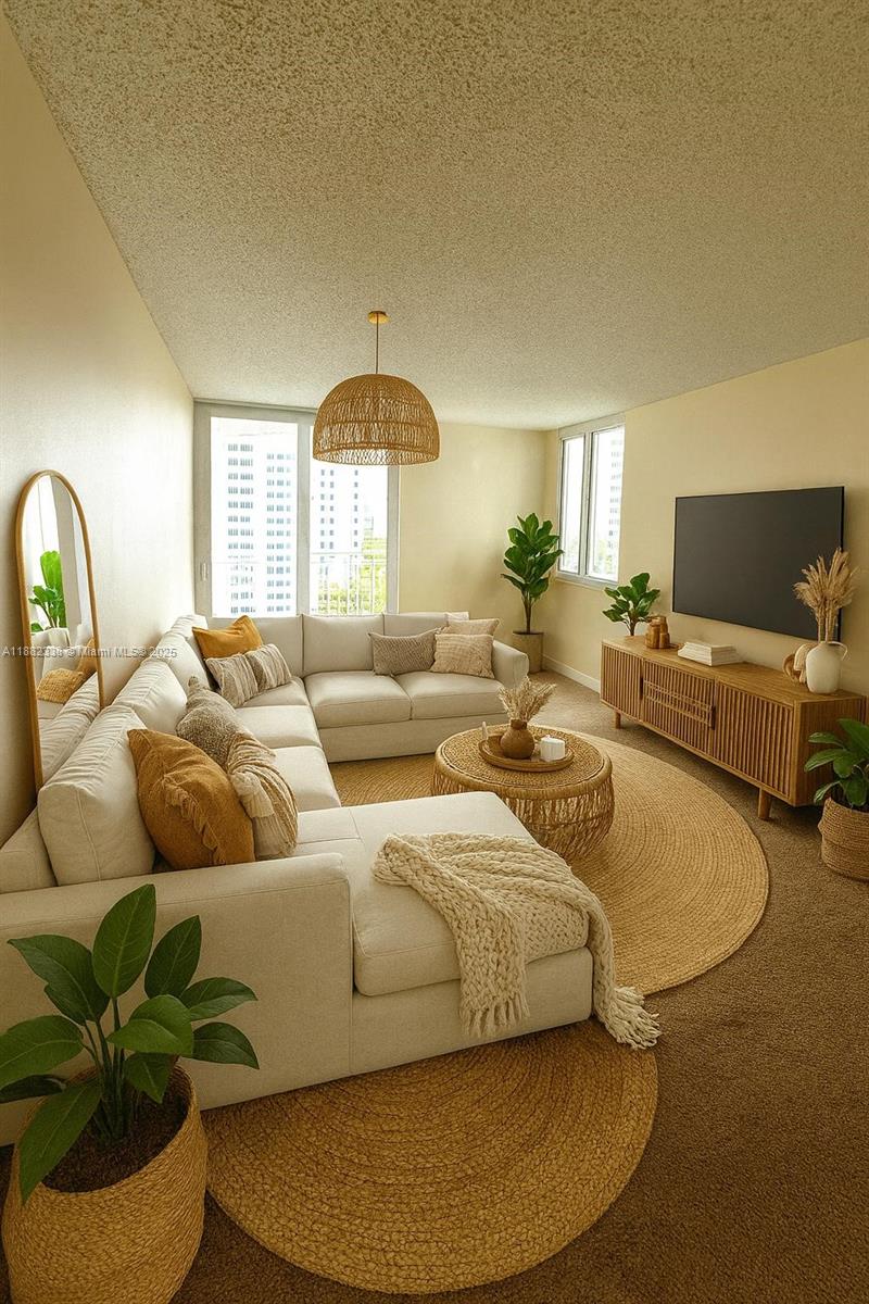 800 North Miami Avenue, Unit E1201 Miami, FL 33136 - Photo 6 of 18 a living room with couches a fireplace and a potted plant