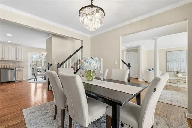 a view of a dining room with furniture