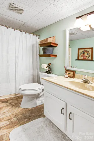 a bathroom with a sink a toilet and a large mirror