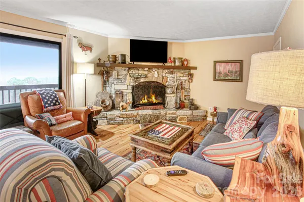 a living room with couches a flat screen tv and a fireplace