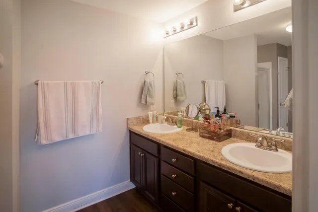 a bathroom with a double vanity sink and a mirror