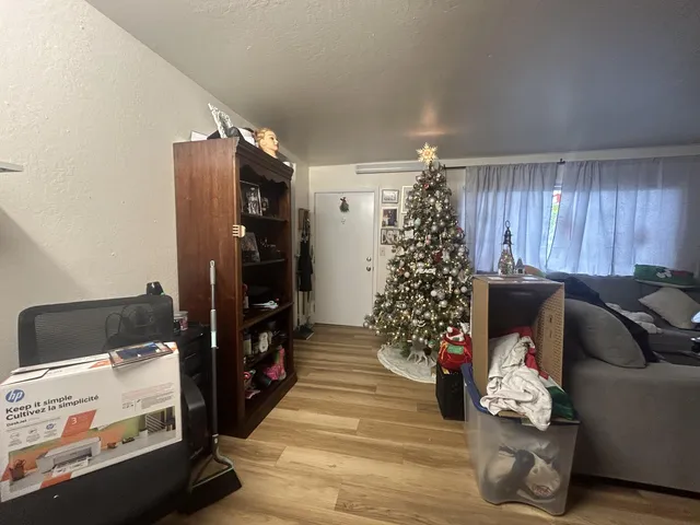a living room with furniture and a bookshelf