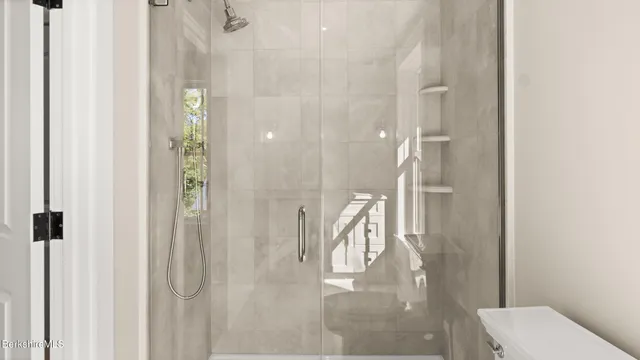 a bathroom with a shower and toilet
