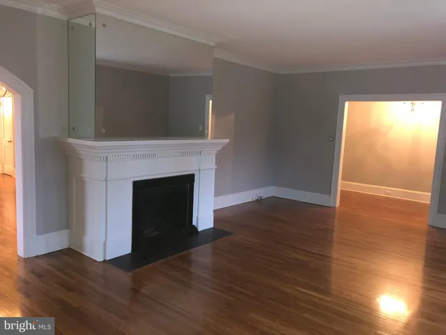 a view of a livingroom with wooden floor and a fireplace