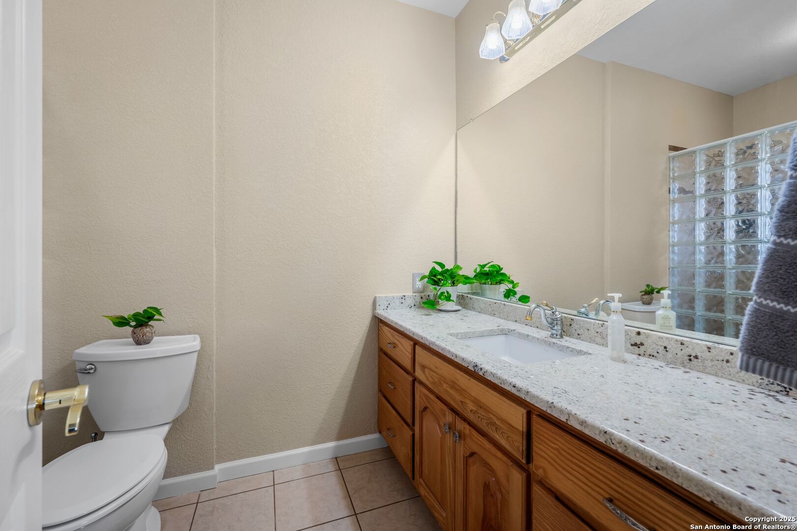 765 Highway 1604 Loop St. Hedwig, TX 78101 - Photo 26 of 50 a bathroom with a granite countertop sink and a toilet