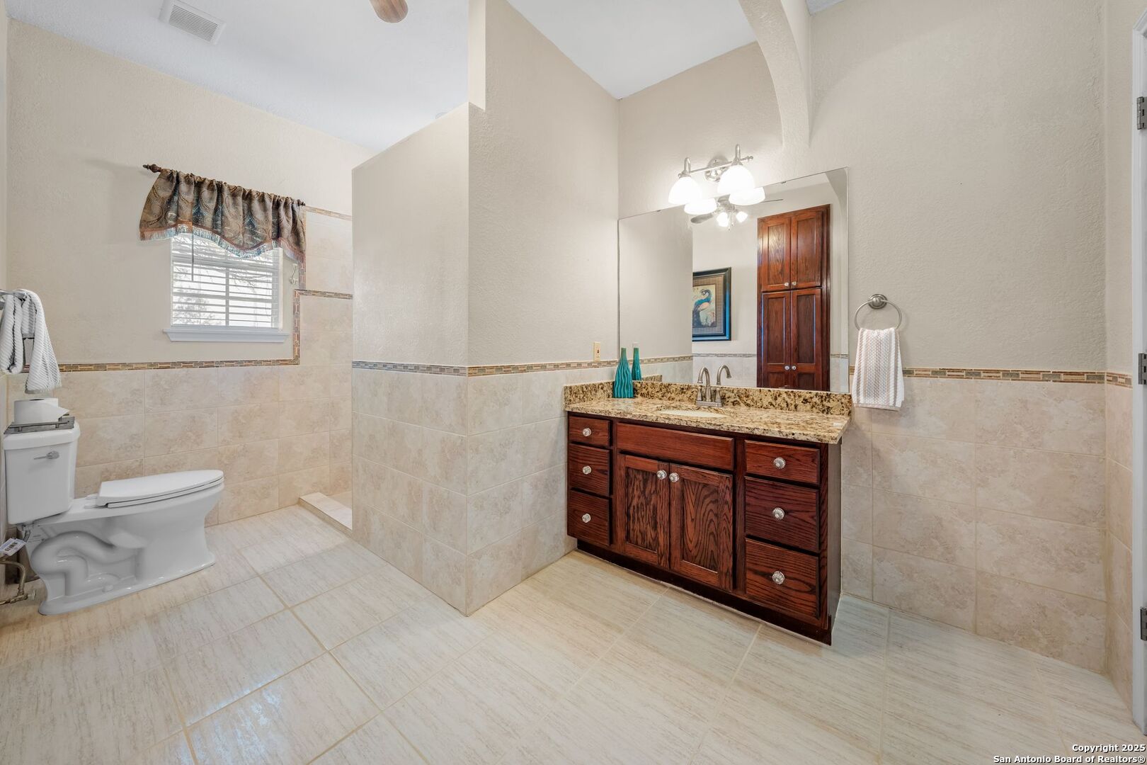 765 Highway 1604 Loop St. Hedwig, TX 78101 - Photo 44 of 50 a bathroom with a granite countertop sink a toilet and a mirror
