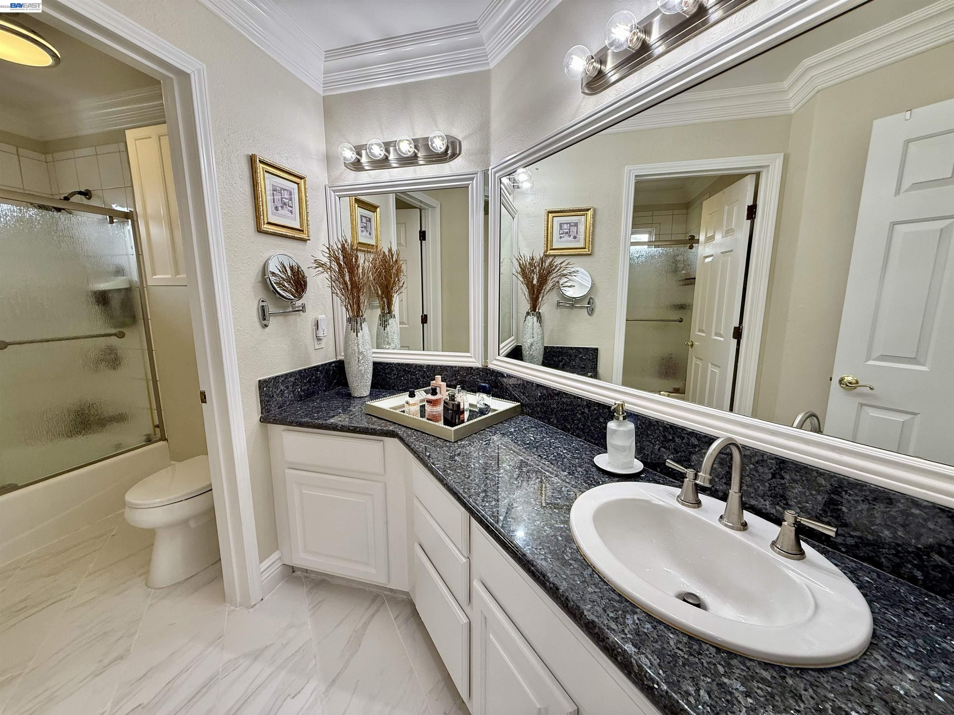1284 Riesling Circle Livermore, CA 94550 - Photo 60 of 79 a bathroom with a granite countertop sink a toilet a mirror and shower