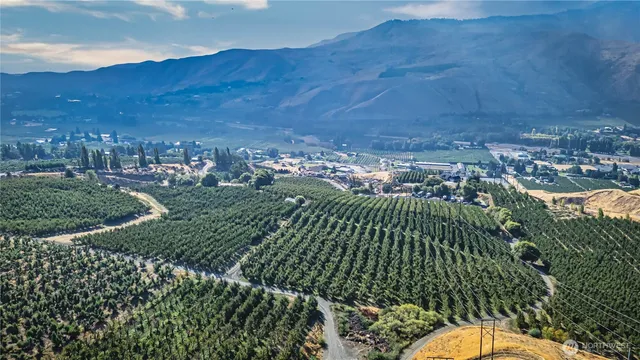 an aerial view of a house with garden space and sitting area