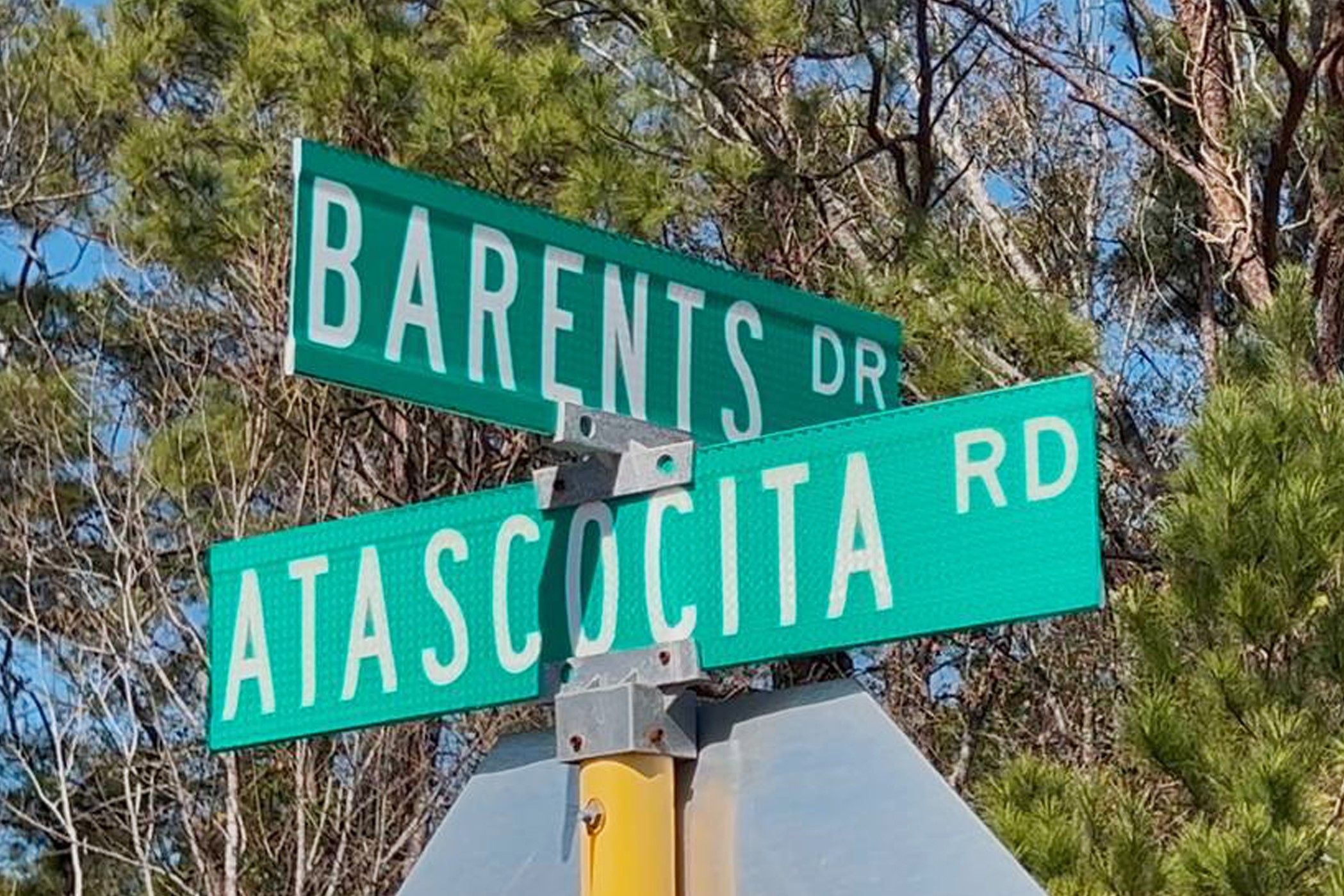 4855 Atascocita Road Humble, TX 77346 - Photo 2 of 6 The intersection of Barents Drive and Atascocita Road, surrounded by trees, suggesting a wooded neighborhood setting.