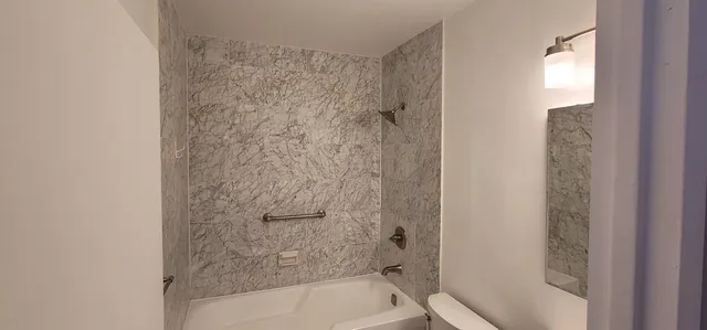a bathroom with a toilet and a shower
