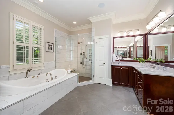 a bathroom with a tub a sink a mirror and a shower