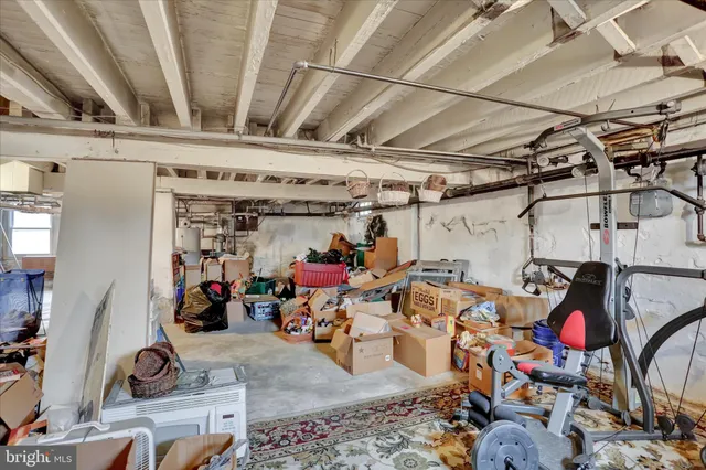 a view of a storage room with gym equipment