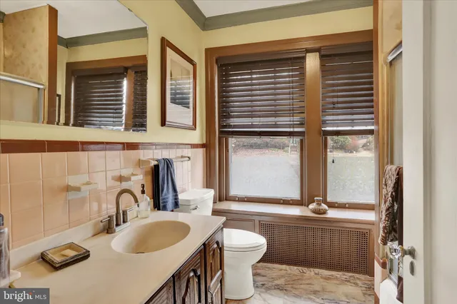 a bathroom with a toilet sink and mirror
