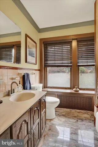 a bathroom with a sink toilet and mirror